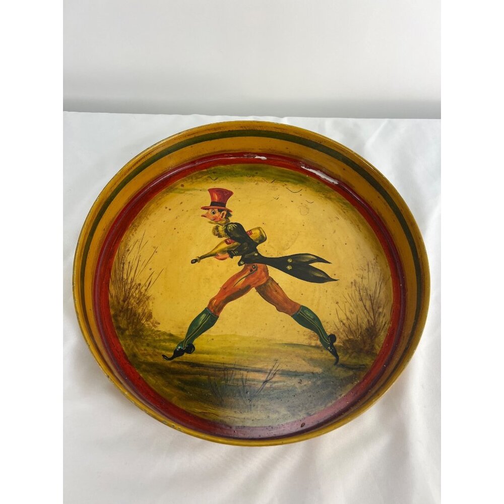 Peter Ompir Signed Metal Tray Folk Art Hand Painted Colonial Man Wine